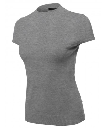 Women's Solid Office Look Viscose Mock Neck Short Sleeves Top