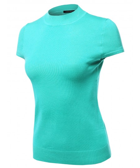 Women's Solid Office Look Viscose Mock Neck Short Sleeves Top