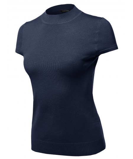 Women's Solid Office Look Viscose Mock Neck Short Sleeves Top