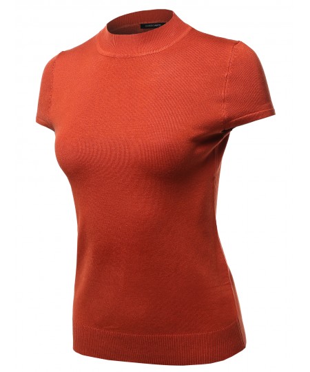 Women's Solid Office Look Viscose Mock Neck Short Sleeves Top