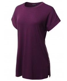 Women's Solid Rolled Up Short Sleeve Over-Sized Round Neck Tunic Top