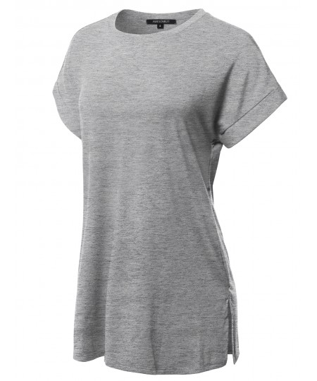 Women's Solid Rolled Up Short Sleeve Over-Sized Round Neck Tunic Top