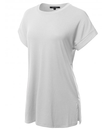 Women's Solid Rolled Up Short Sleeve Over-Sized Round Neck Tunic Top