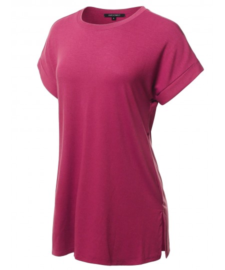 Women's Solid Rolled Up Short Sleeve Over-Sized Round Neck Tunic Top