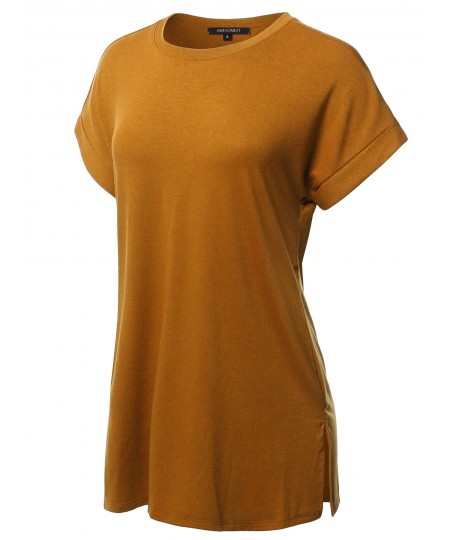 Women's Solid Rolled Up Short Sleeve Over-Sized Round Neck Tunic Top