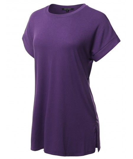 Women's Solid Rolled Up Short Sleeve Over-Sized Round Neck Tunic Top