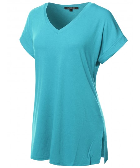 Women's Solid Rolled Up Short Sleeve Over-Sized V-Neck Tunic Top