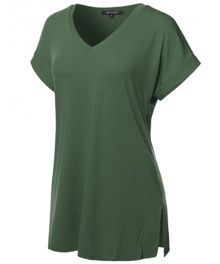 Women's Solid Rolled Up Short Sleeve Over-Sized V-Neck Tunic Top