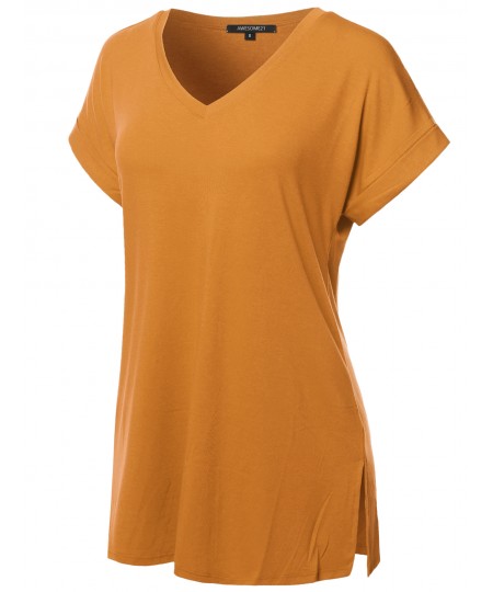 Women's Solid Rolled Up Short Sleeve Over-Sized V-Neck Tunic Top