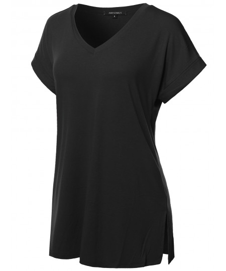 Women's Solid Rolled Up Short Sleeve Over-Sized V-Neck Tunic Top