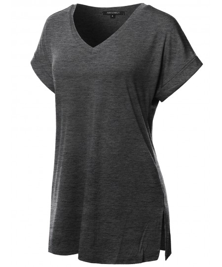 Women's Solid Rolled Up Short Sleeve Over-Sized V-Neck Tunic Top