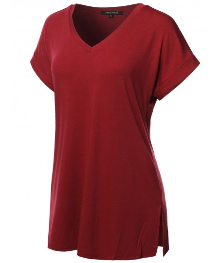 Women's Solid Rolled Up Short Sleeve Over-Sized V-Neck Tunic Top