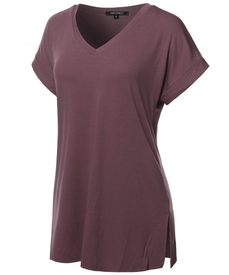 Women's Solid Rolled Up Short Sleeve Over-Sized V-Neck Tunic Top