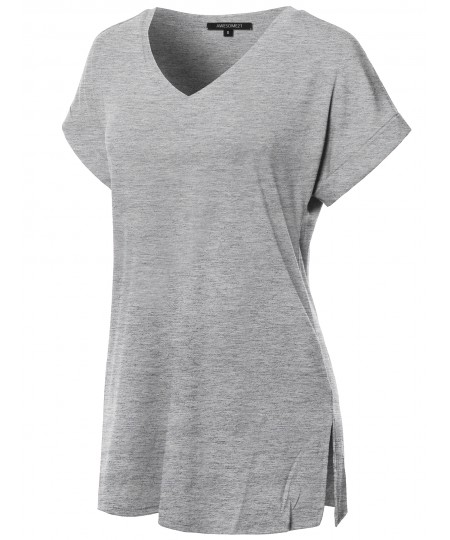 Women's Solid Rolled Up Short Sleeve Over-Sized V-Neck Tunic Top