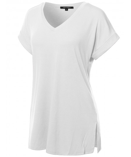 Women's Solid Rolled Up Short Sleeve Over-Sized V-Neck Tunic Top
