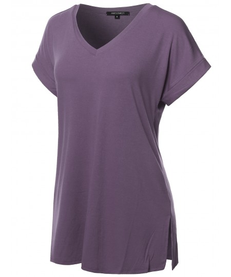 Women's Solid Rolled Up Short Sleeve Over-Sized V-Neck Tunic Top