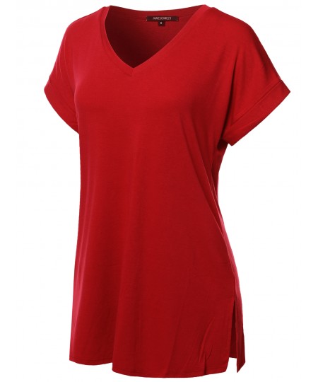 Women's Solid Rolled Up Short Sleeve Over-Sized V-Neck Tunic Top