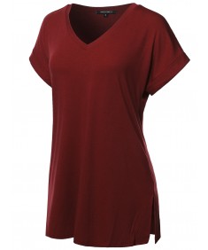 Women's Solid Rolled Up Short Sleeve Over-Sized V-Neck Tunic Top