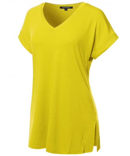 Women's Solid Rolled Up Short Sleeve Over-Sized V-Neck Tunic Top