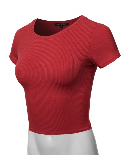 Women's Solid Short Sleeve Crew Neck Ribbed Crop Top