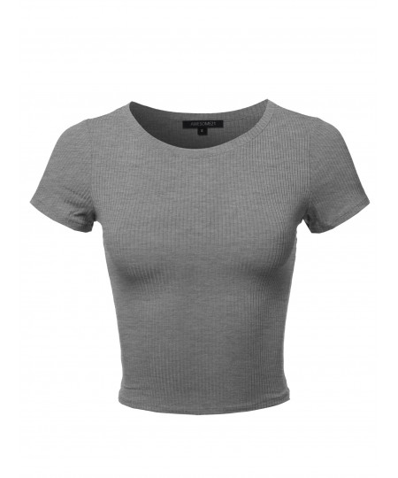 Women's Solid Short Sleeve Crew Neck Ribbed Crop Top