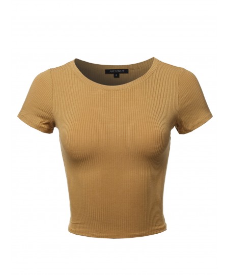 Women's Solid Short Sleeve Crew Neck Ribbed Crop Top