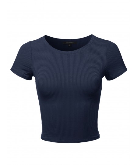 Women's Solid Short Sleeve Crew Neck Ribbed Crop Top