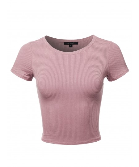 Women's Solid Short Sleeve Crew Neck Ribbed Crop Top