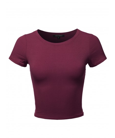 Women's Solid Short Sleeve Crew Neck Ribbed Crop Top