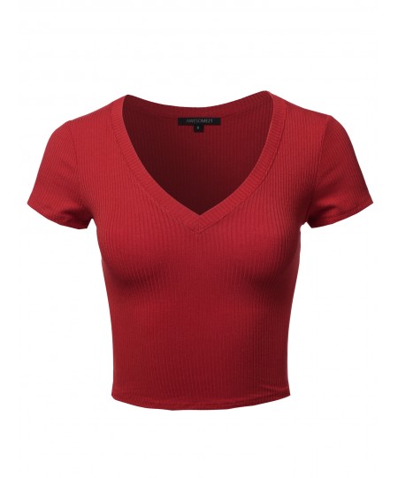 Women's Solid Short Sleeve V-Neck Ribbed Crop Top