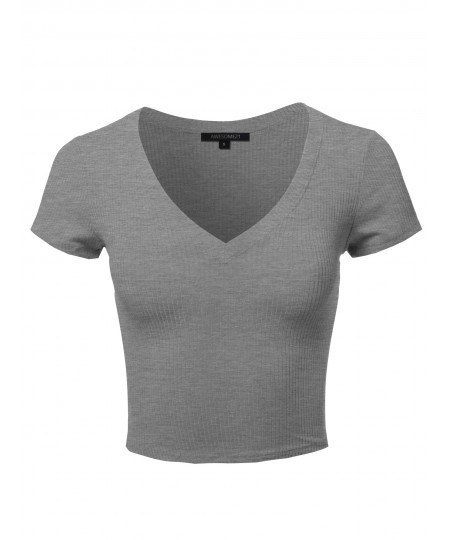 Women's Solid Short Sleeve V-Neck Ribbed Crop Top