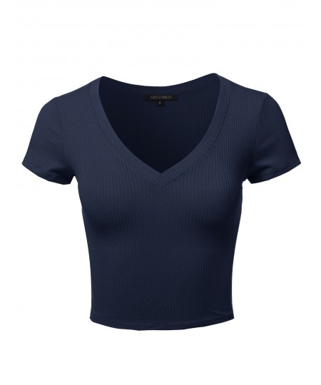 Women's Solid Short Sleeve V-Neck Ribbed Crop Top