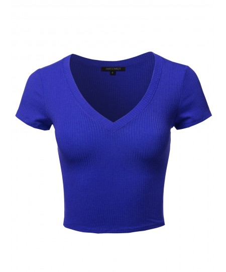 Women's Solid Short Sleeve V-Neck Ribbed Crop Top