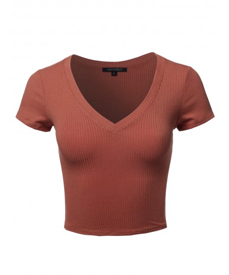 Women's Solid Short Sleeve V-Neck Ribbed Crop Top