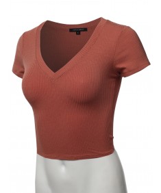 Women's Solid Short Sleeve V-Neck Ribbed Crop Top