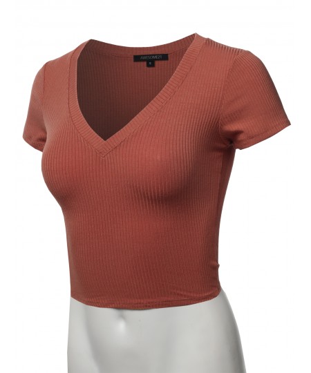 Women's Solid Short Sleeve V-Neck Ribbed Crop Top