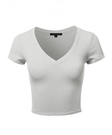 Women's Solid Short Sleeve V-Neck Ribbed Crop Top