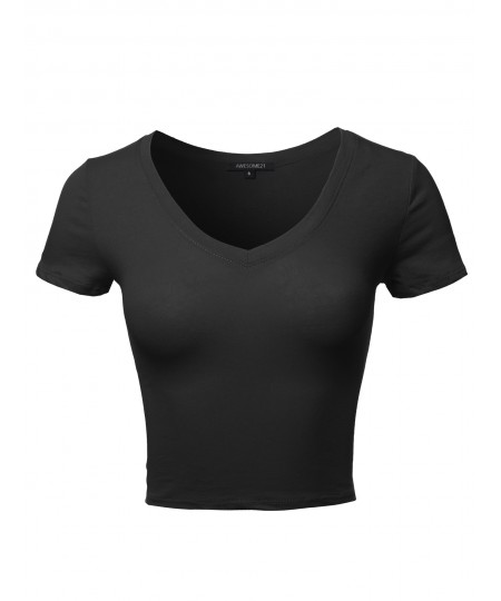 Women's Solid Short Sleeve V-Neck Cotton Based Crop Top