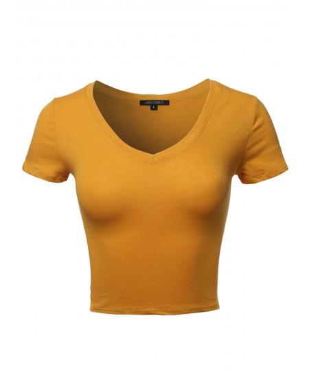 Women's Solid Short Sleeve V-Neck Cotton Based Crop Top