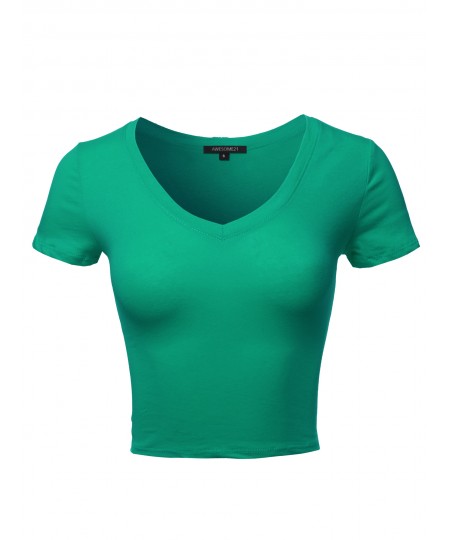 Women's Solid Short Sleeve V-Neck Cotton Based Crop Top