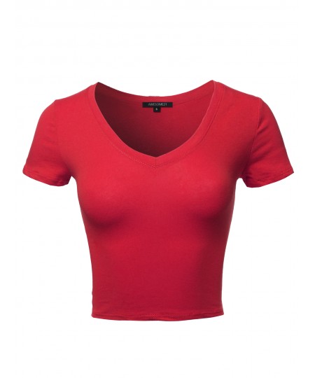 Women's Solid Short Sleeve V-Neck Cotton Based Crop Top