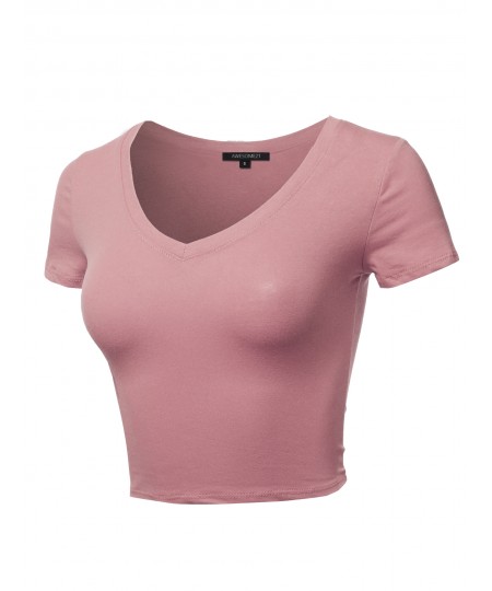 Women's Solid Short Sleeve V-Neck Cotton Based Crop Top