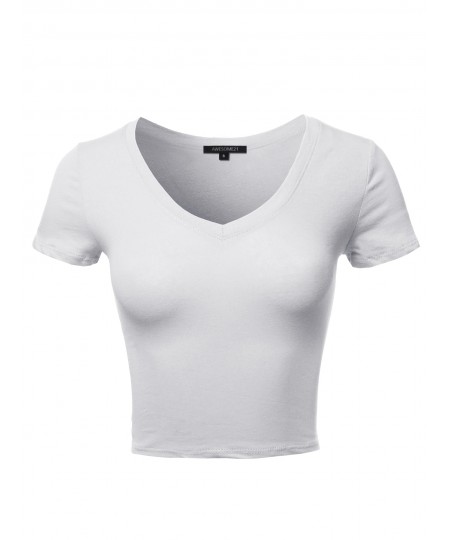 Women's Solid Short Sleeve V-Neck Cotton Based Crop Top