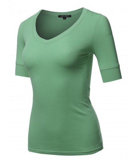 Women's Solid Elbow Sleeves V-Neck Casual Basic Cotton Based Top