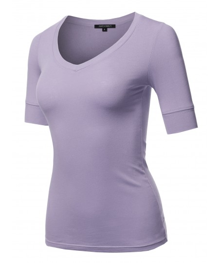 Women's Solid Elbow Sleeves V-Neck Casual Basic Cotton Based Top