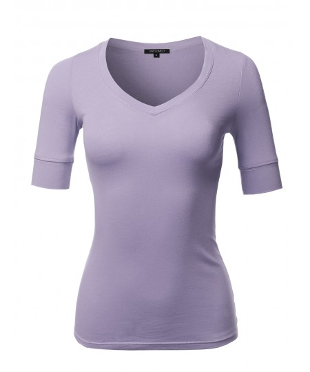 Women's Solid Elbow Sleeves V-Neck Casual Basic Cotton Based Top