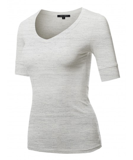 Women's Solid Elbow Sleeves V-Neck Casual Basic Cotton Based Top