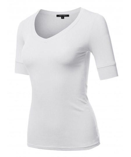 Women's Solid Elbow Sleeves V-Neck Casual Basic Cotton Based Top