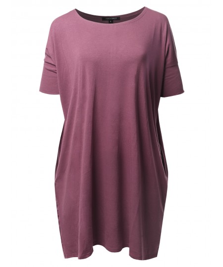 Women's Solid Loose Fit Dolman Tunic Top With Side Pockets