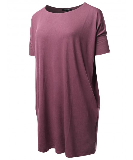 Women's Solid Loose Fit Dolman Tunic Top With Side Pockets